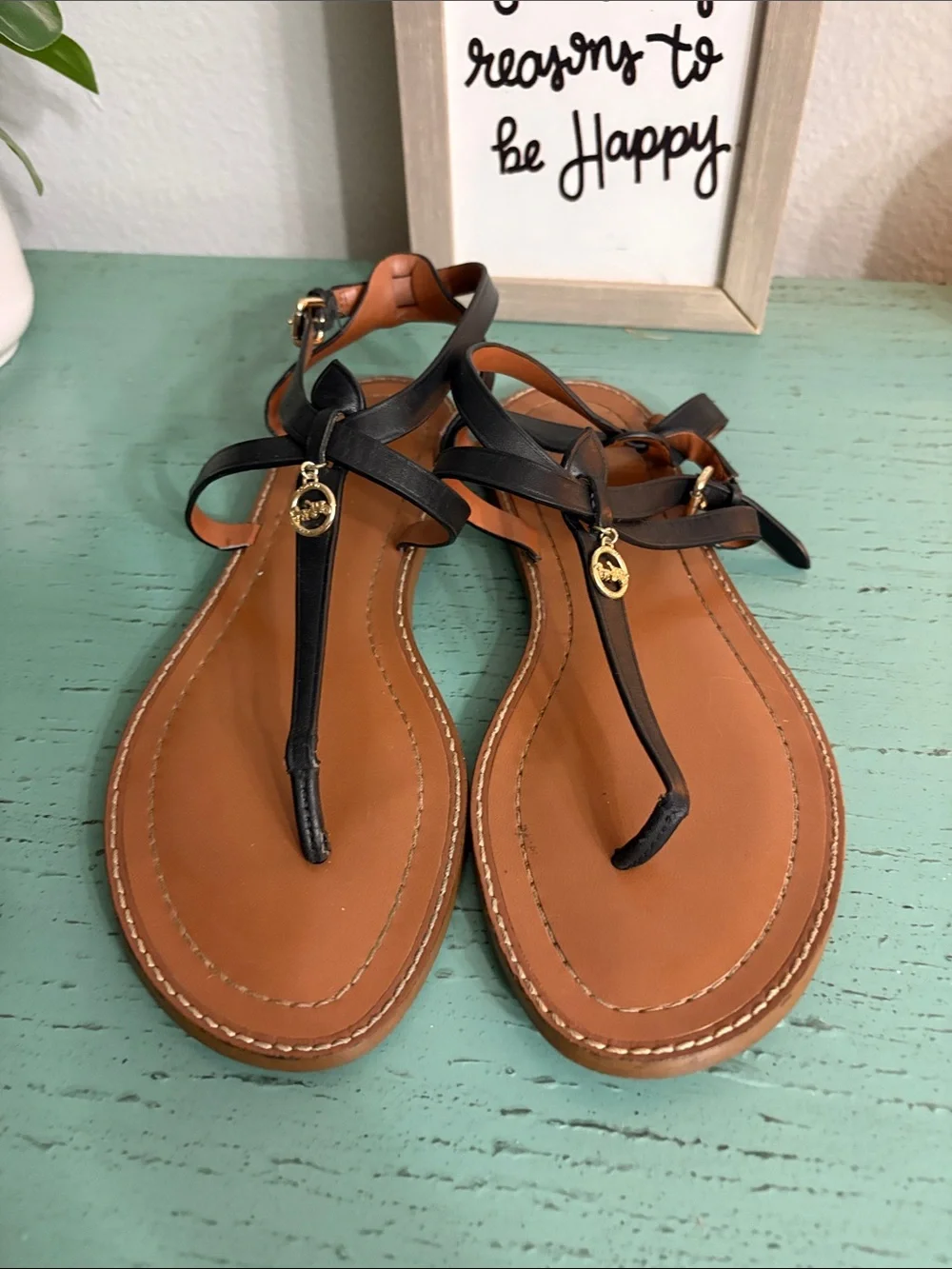 Coach Black Leather T-Strap Sandals with Gold Logo Charm